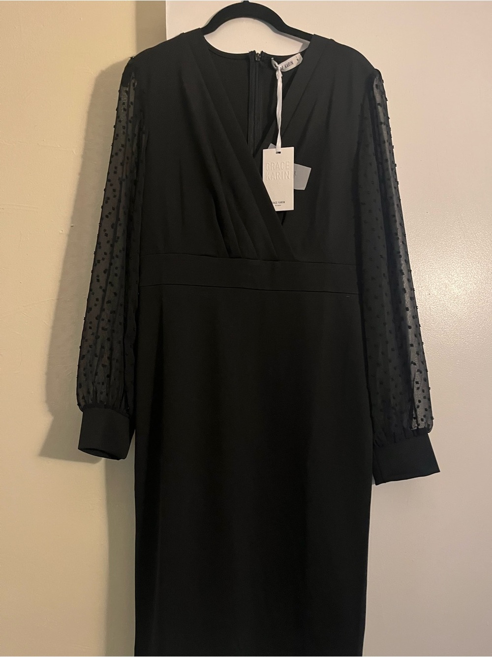 Grace Karin Black Long Sleeve Sheer Dot Wrap-Front Dress